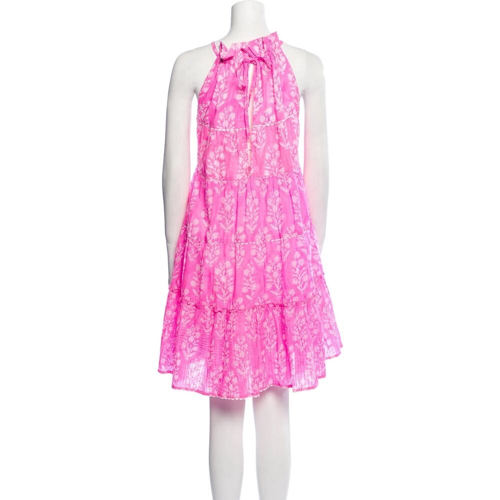 Juliet Dunn Pink Floral Sleeveless Halter Ruffle Tiered Swing Mini Sun Dress 2
